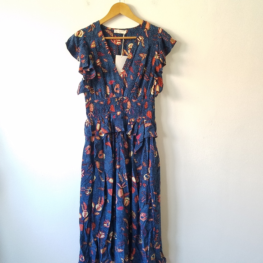 Ulla Johnson Brielle Dress Blue Dahlia Silk Ruffle V-Neck Dress Size 8 - Picture 5 of 16